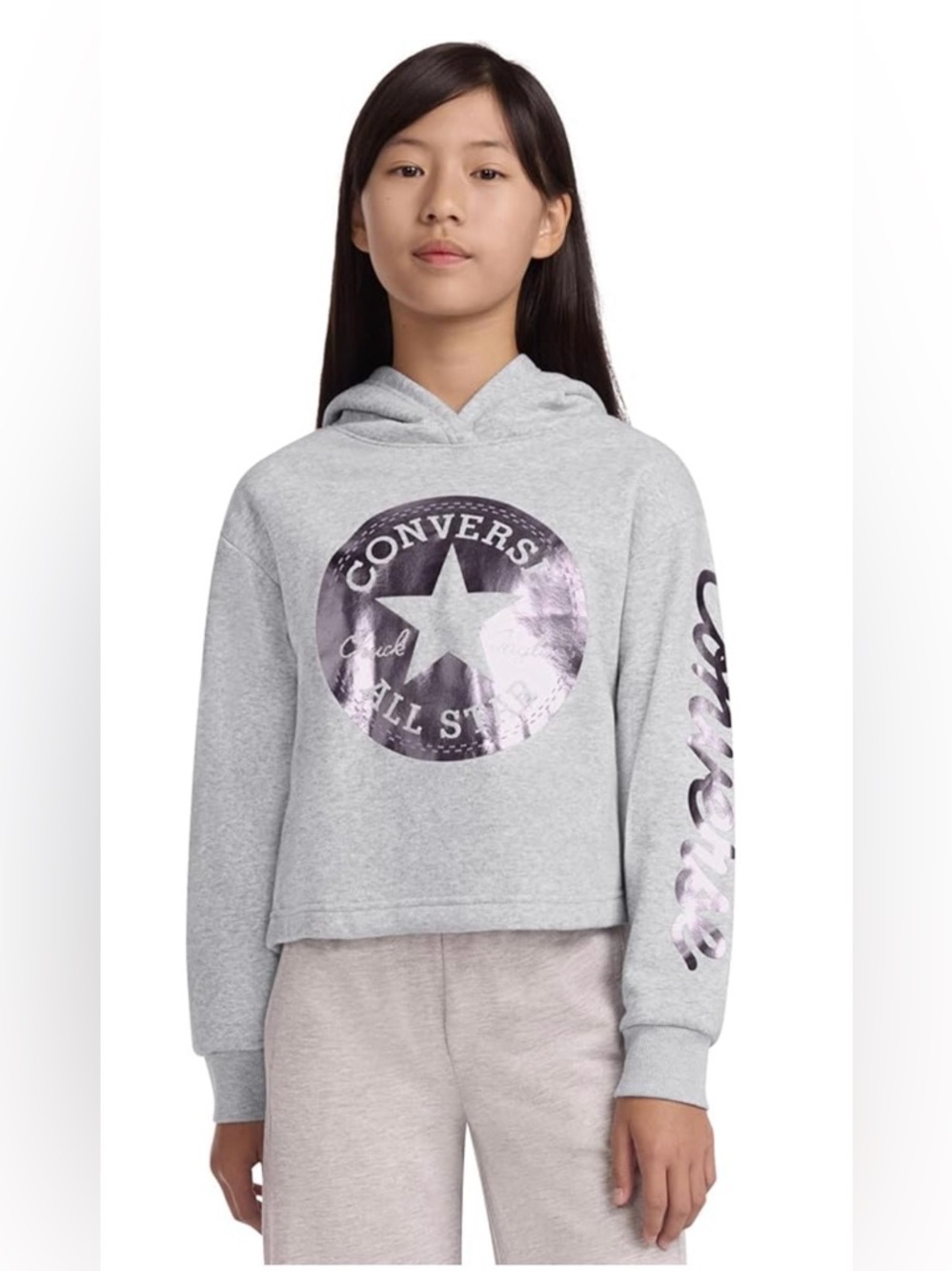 NWT - Converse Girls' Shine Chuck Patch Graphic Cropped Pullover Hoodie